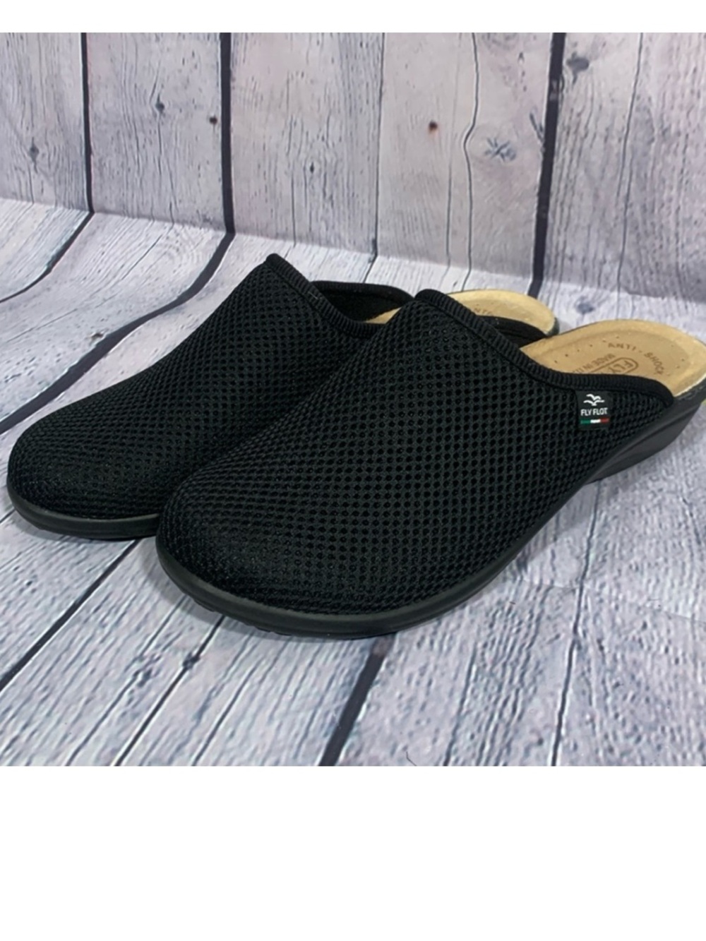 Fly Flot Womens Slip On Clog Black Mesh Size 9 Italian Made Comfort Breathable